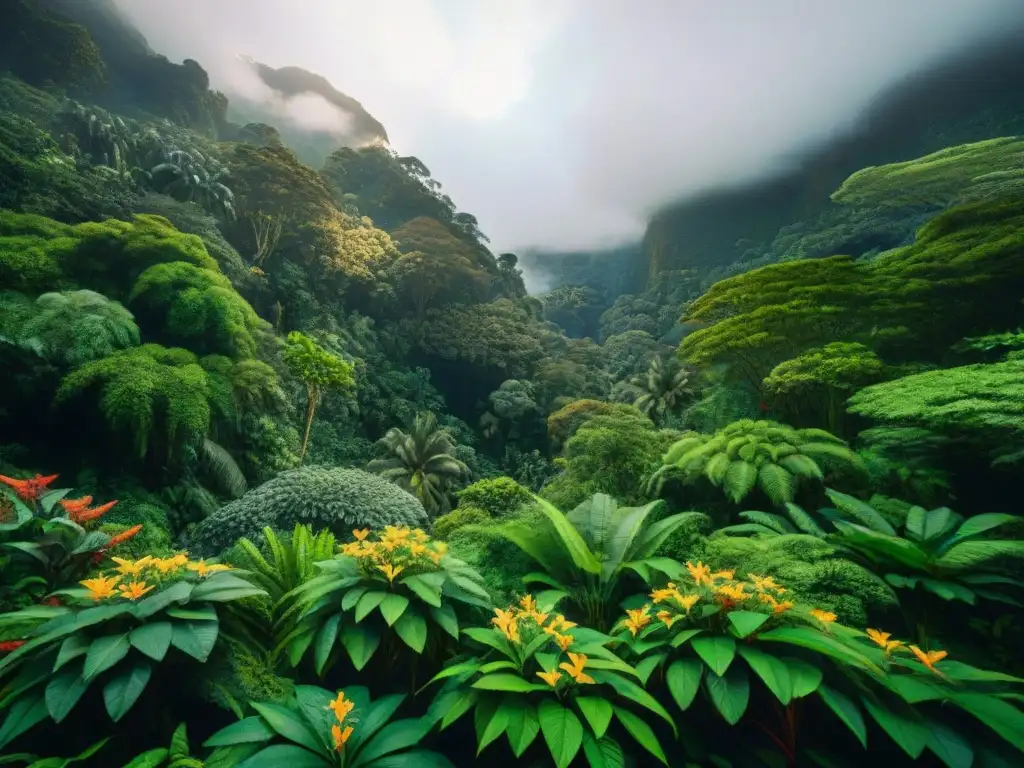 Un exuberante paisaje de la selva lluviosa con plantas indígenas utilizadas en farmacología moderna