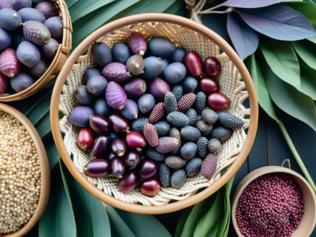 Una exuberante variedad de ingredientes indígenas coloridos y únicos en cestas tejidas, destacando la biodiversidad indígena en cocina