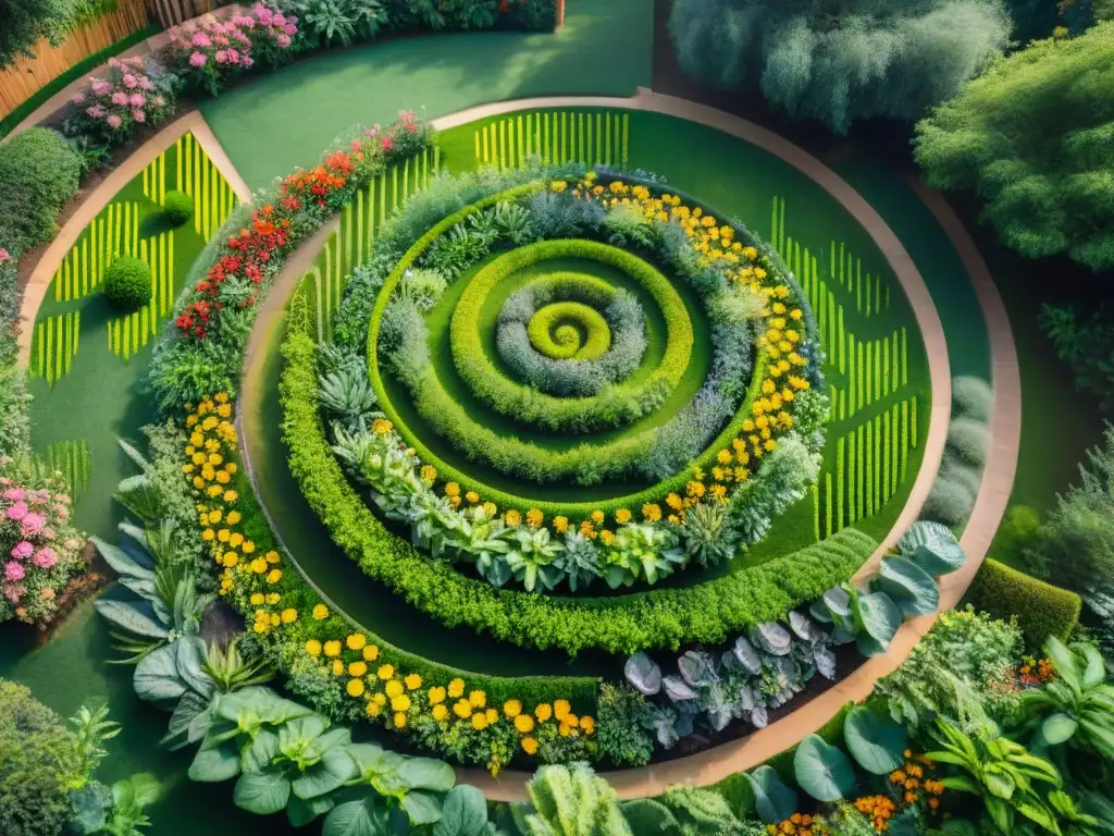 Un jardín espiral indígena exuberante, destacando la vegetación vibrante en un diseño hipnótico