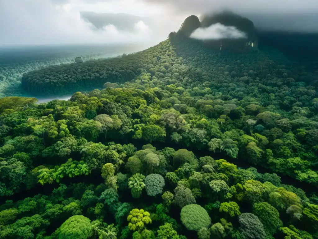 Un exuberante y vibrante dosel de selva tropical con un río serpenteante, resaltando la importancia de la conservación de ecosistemas indígenas