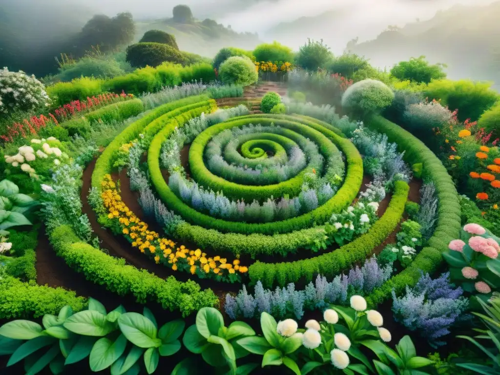 Un jardín espiral indígena exuberante y vibrante en plena floración, con una mezcla armoniosa de colores y texturas