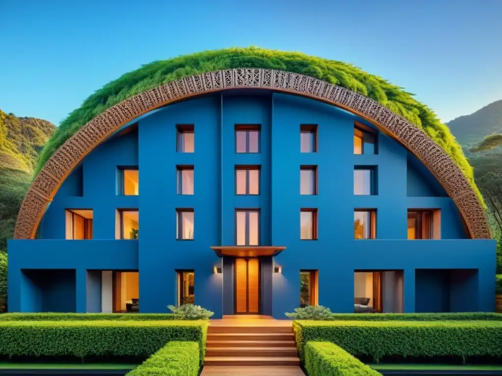 Fachada impresionante combina diseño contemporáneo con principios indígenas, bajo cielo azul y vegetación exuberante