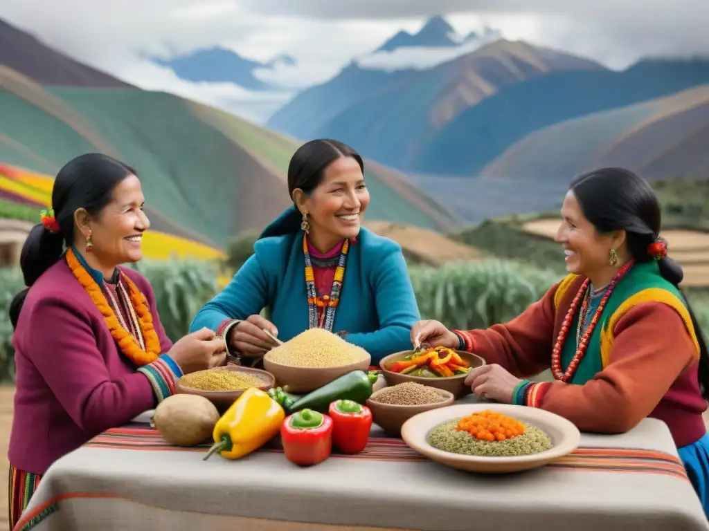 Una familia andina disfruta de una colorida y sabrosa comida, reflejando la calidez y unión de la Alimentación tradicional en los Andes