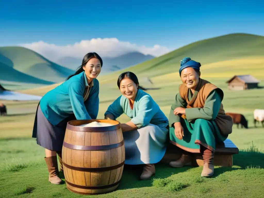 Una familia nómada mongola fermentando kumis en un barril de madera, mostrando el significado cultural de la fermentación