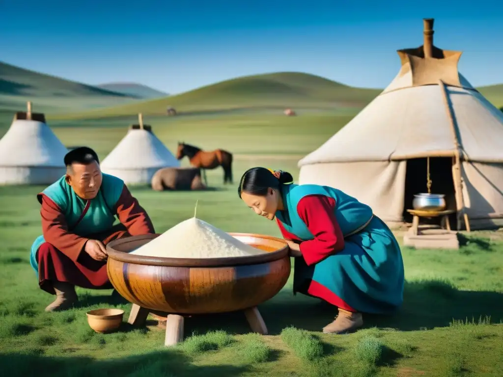 Una familia nómada mongola fermenta kumis bajo el cielo azul