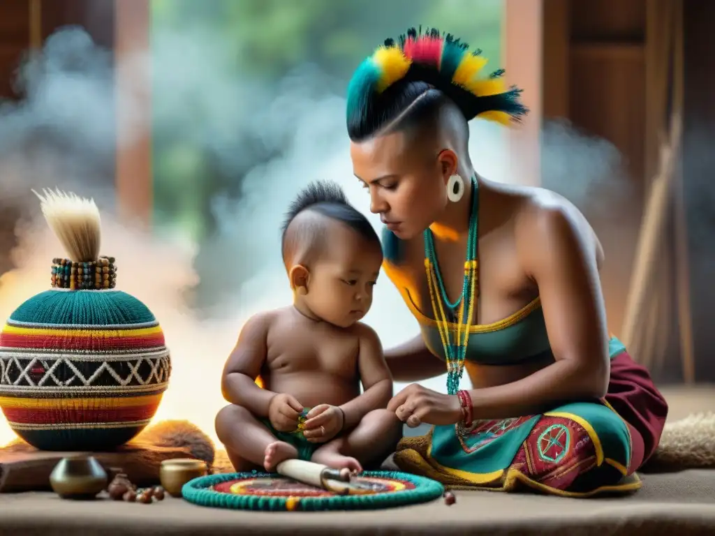 Una familia Mohawk contemporánea practicando la crianza tradicional, enseñando artesanía con herramientas hechas a mano y textiles vibrantes