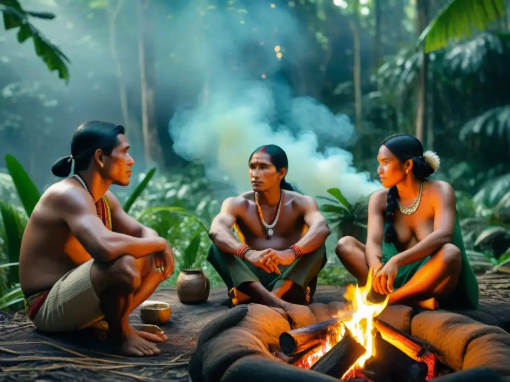 Familia indígena amazónica en storytelling alrededor del fuego, reflejando la organización social en comunidades amazónicas