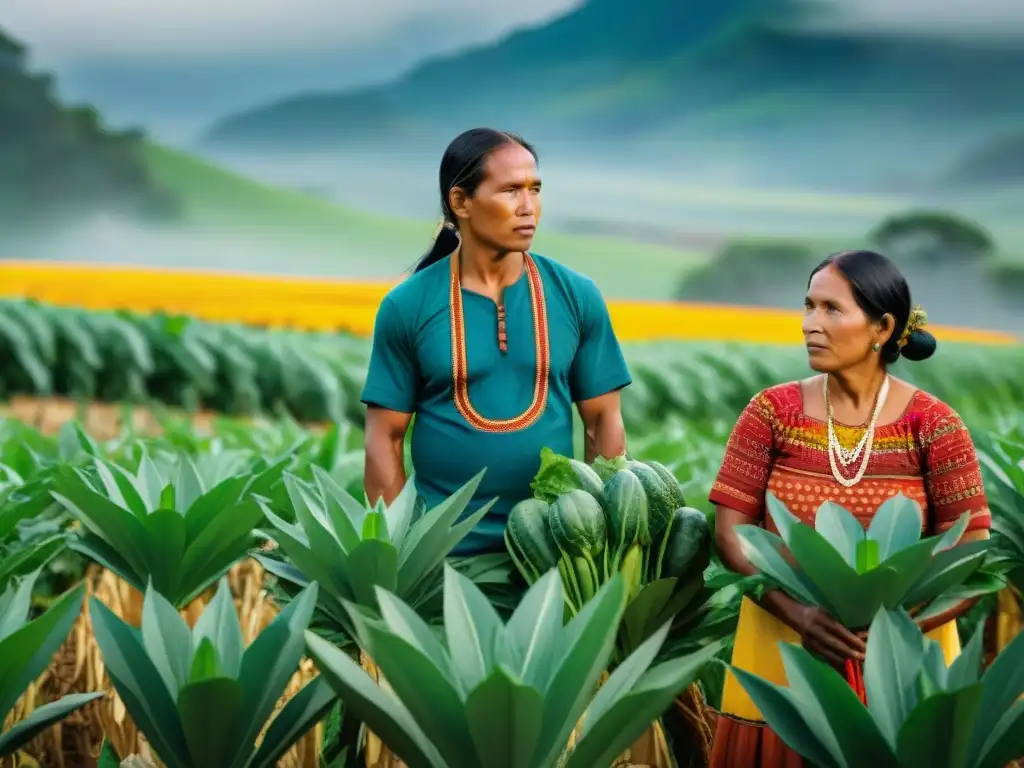 Una familia indígena en América practicando agricultura sostenible, rodeada de cultivos vibrantes