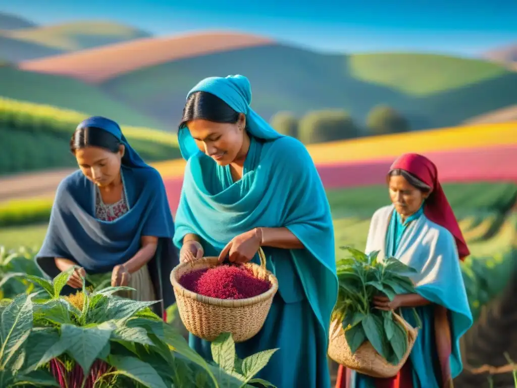 Familia indígena recolectando amaranto en campo soleado, resaltando la herencia cultural y beneficios del amaranto en nutrición