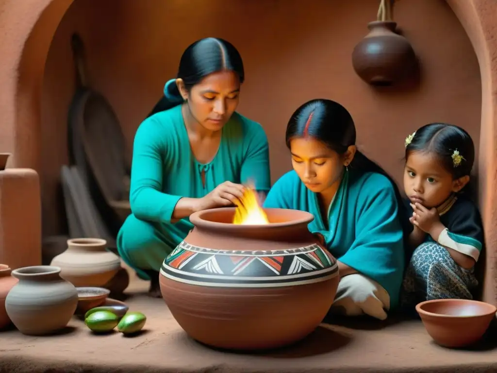 Una familia indígena mexicana elaborando raicilla en una cocina tradicional, transmitiendo cultura indígena de México