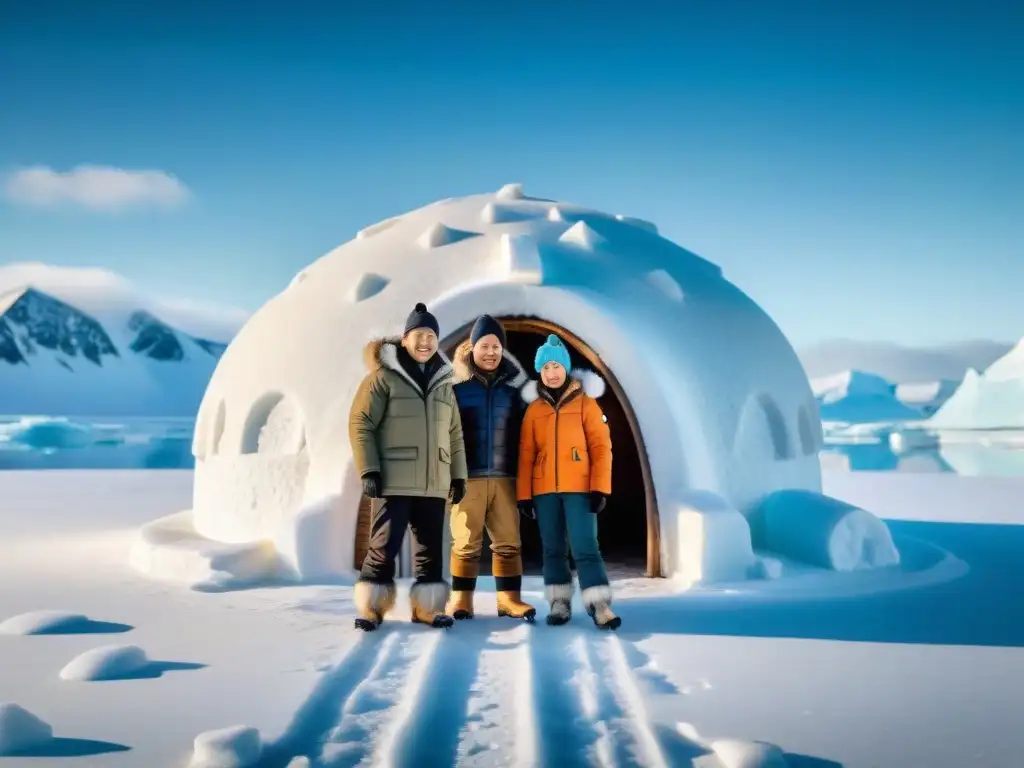 Una familia inuit en Nunavut, Canadá, viste parkas tradicionales y está frente a un iglú en un paisaje ártico