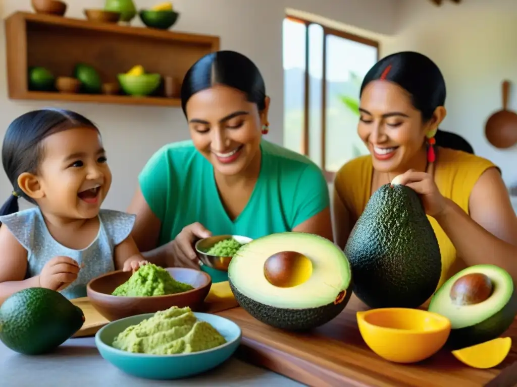 Una familia mexicana sonriente preparando guacamole juntos en una cocina tradicional