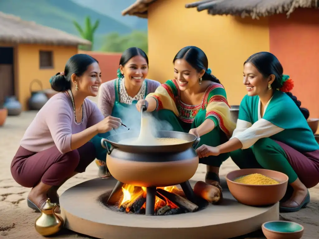 Una familia mexicana tradicional comparte risas alrededor de un fogón donde hierve un sabroso atole, en una cocina rústica al aire libre