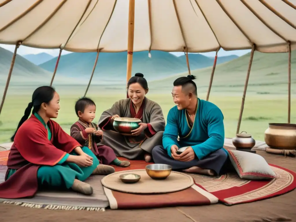 Una familia nómada mongola disfruta de kumis frente a su yurta, reflejando el significado cultural de la fermentación en la estepa mongola