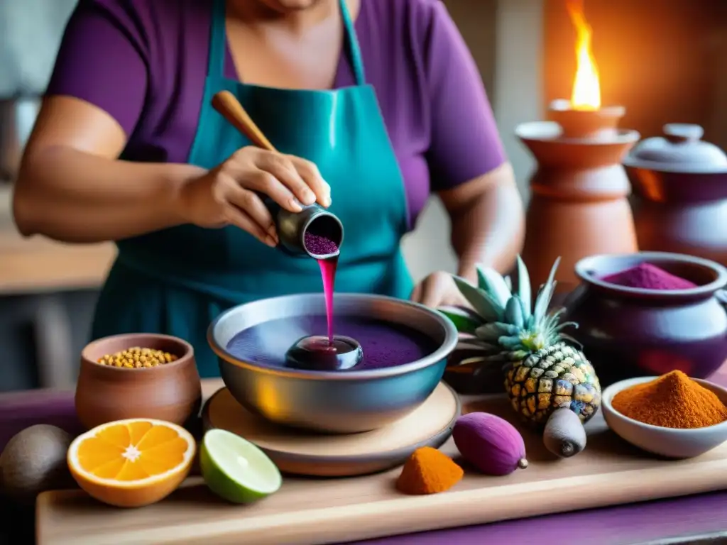 Una familia peruana prepara Chicha Morada en una cocina rústica, destacando la tradición y colores vibrantes