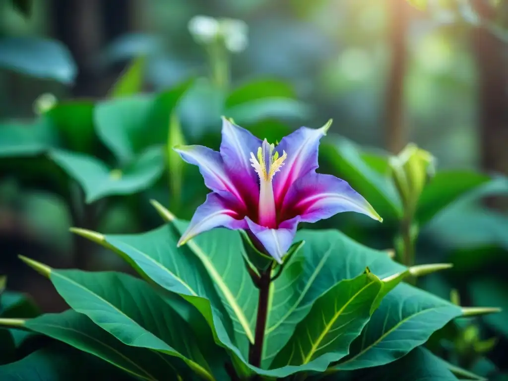 Fascinante flor de Datura en la selva exuberante resalta su belleza y misticismo