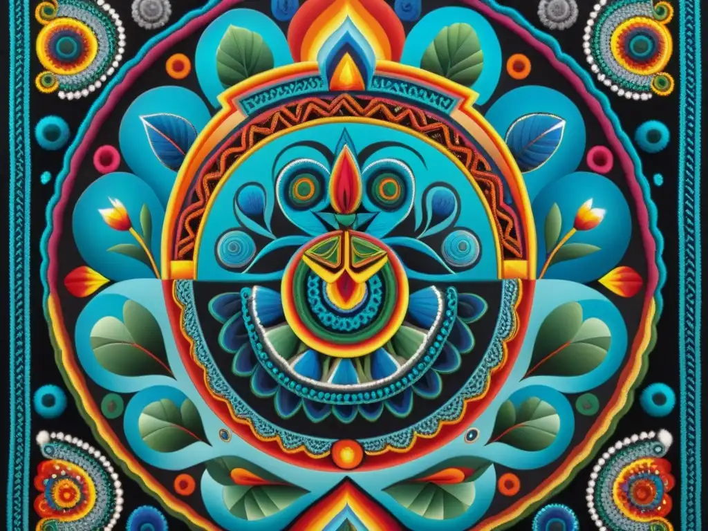 Fascinante pintura de lana Huichol detallada e intrincada, ideal para invertir en arte indígena en mercados online