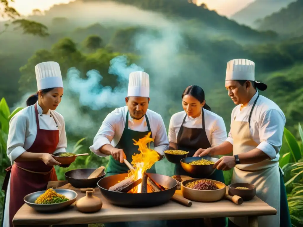 Un festín ancestral al aire libre: chefs indígenas preparan con maestría una comida elaborada en medio de la naturaleza exuberante