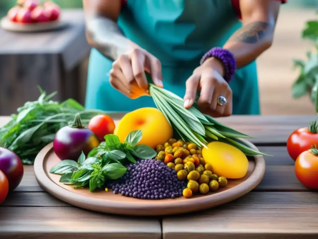 Un festín de ingredientes locales en un festival indígena, preparado con amor y tradición en una mesa rústica al aire libre