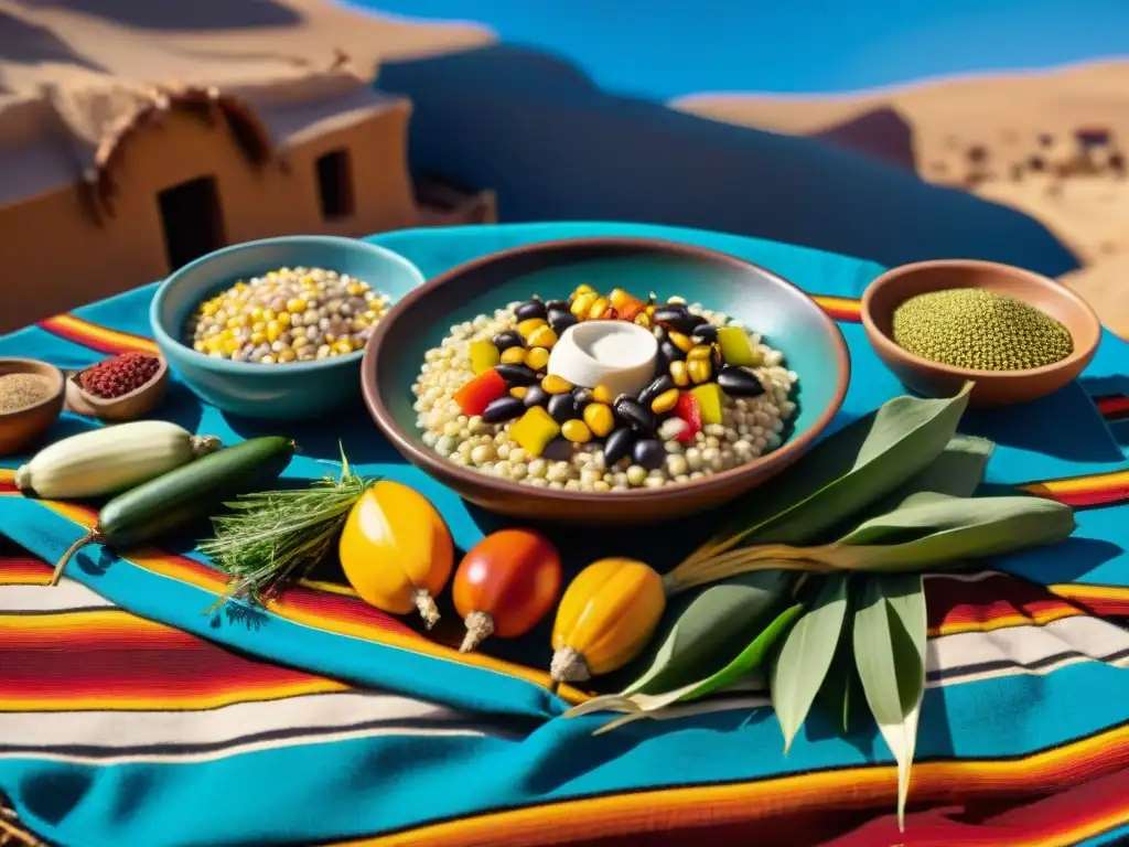 Un festín tradicional Hopi al aire libre, resaltando los colores y texturas de la dieta tradicional Hopi beneficios