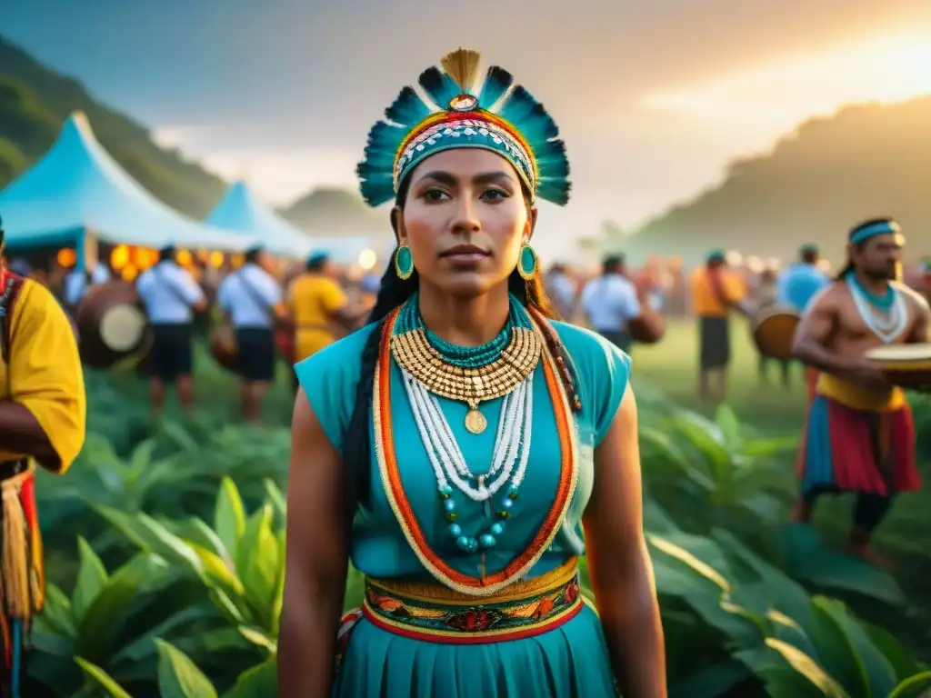 Festival de música indígena en América Central con músicos y atuendos tradicionales, en un entorno vibrante al atardecer