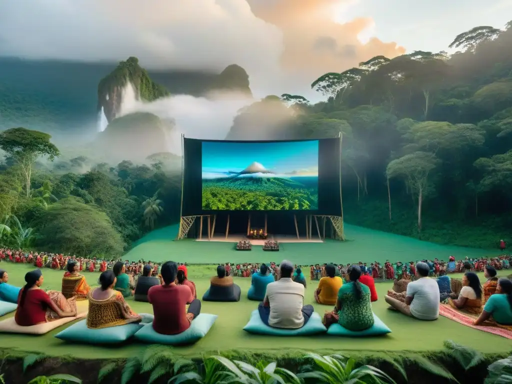 Un festival de cine indígena contemporáneo en la Amazonía, con pantalla al aire libre y comunidad indígena