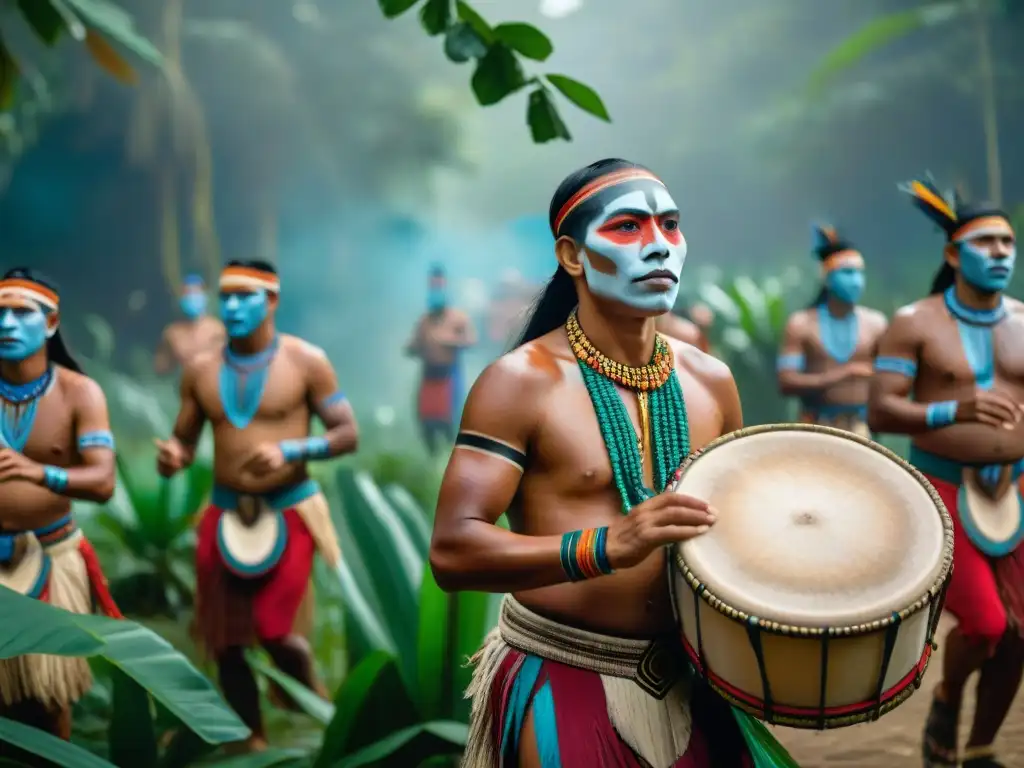 Un festival cultural indígena vibrante en la selva amazónica, con bailes tradicionales, coloridos trajes y pintura corporal