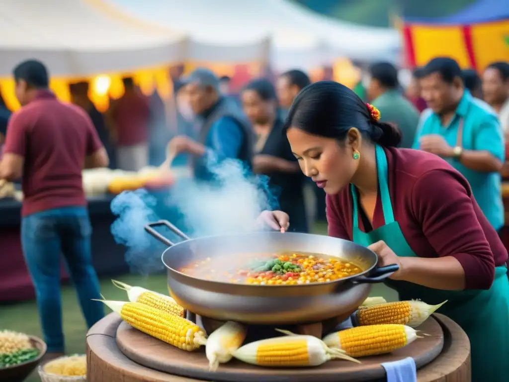 Un festival gastronómico indígena en las Américas: chef preparando sopa de maíz mientras la multitud observa maravillada