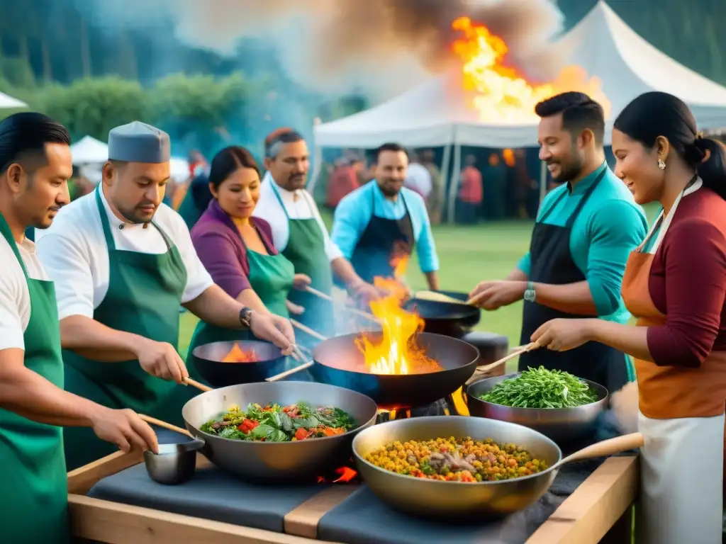 Festivales gastronómicos indígenas al aire con chefs preparando platos coloridos sobre fuego abierto, rodeados de visitantes diversos