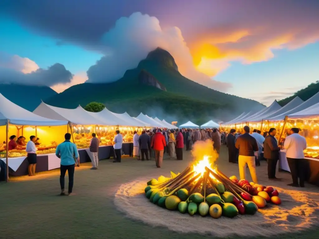 Festivales gastronómicos indígenas al aire: Escena vibrante en un festival de comida indígena con puestos decorados y chefs preparando platos tradicionales bajo un cielo estrellado