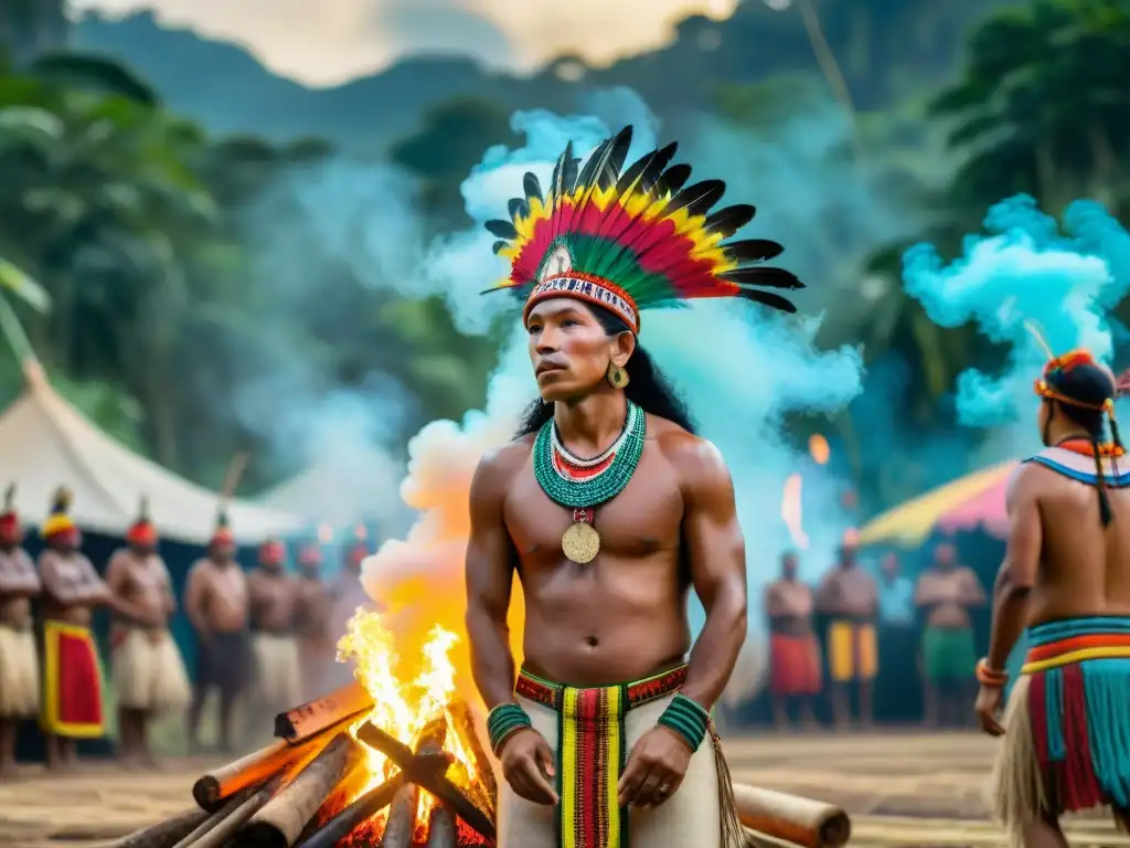 Festivales indígenas en América: escena vibrante de un festival en la selva amazónica con danzas tradicionales alrededor de una fogata