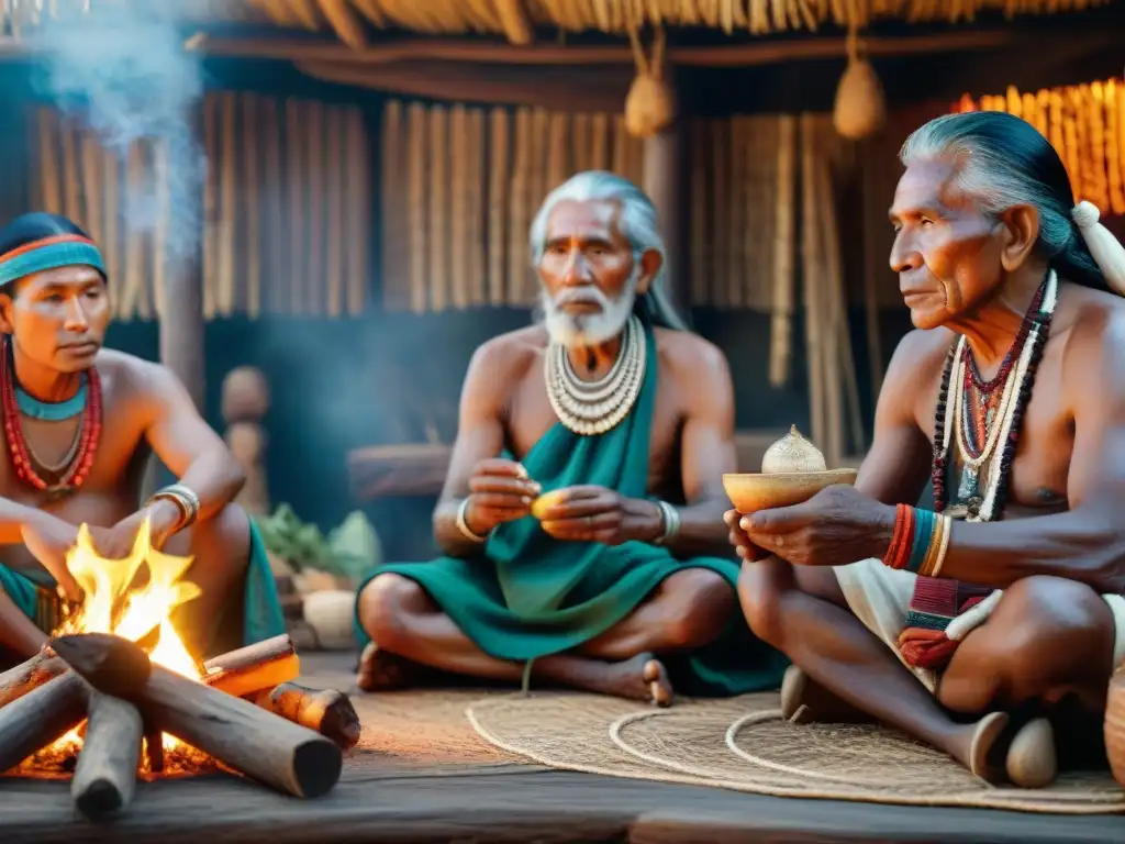 Figuras de culto en culturas indígenas: Ancianos indígenas reunidos alrededor de una fogata, rostros iluminados por el fuego