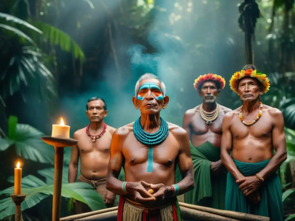 Figuras de culto en culturas indígenas: Ancianos tribales rodean ídolo en altar amazónico con flores y velas, iluminados por sol filtrado en selva