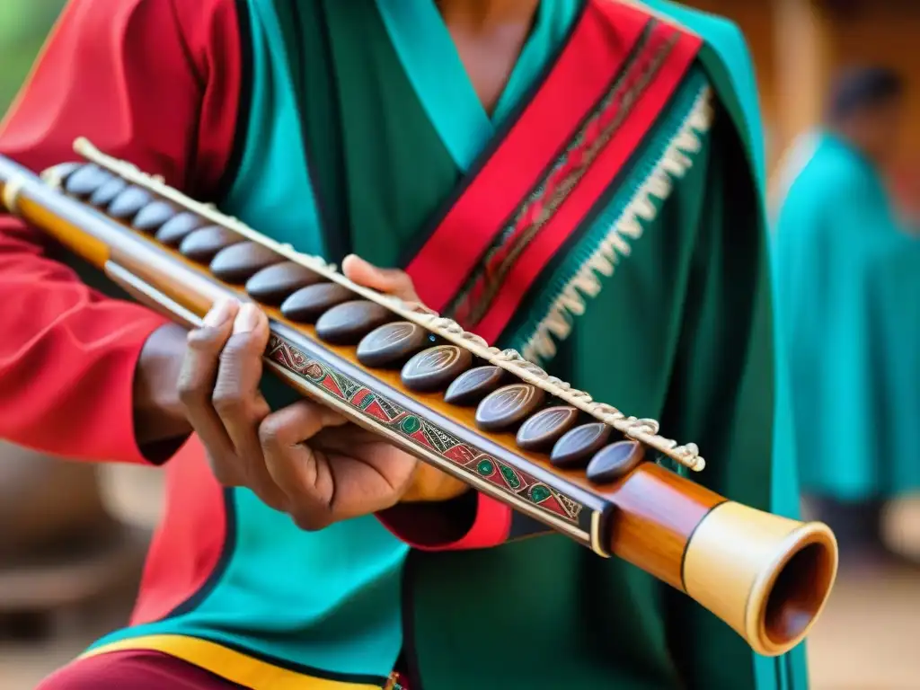 Una flauta de madera tallada con patrones indígenas, resaltando la artesanía detallada de los Instrumentos musicales indígenas tradicionales