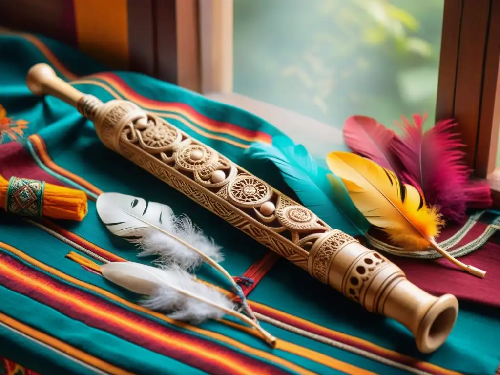 Flauta maya tallada con plumas y textiles coloridos Flauta maya tallada con plumas y patrones, sobre textiles coloridos