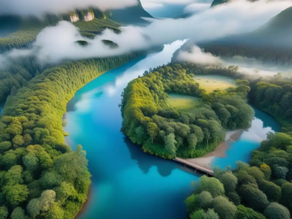 Foto aérea impresionante de un paisaje diverso con bosque verde, río azul y comunidad indígena