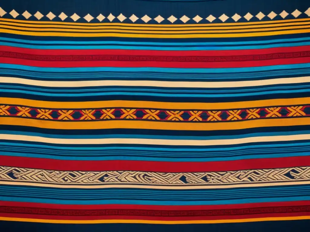 Fragmento de arte textil precolombino con simbolismo y colores vibrantes