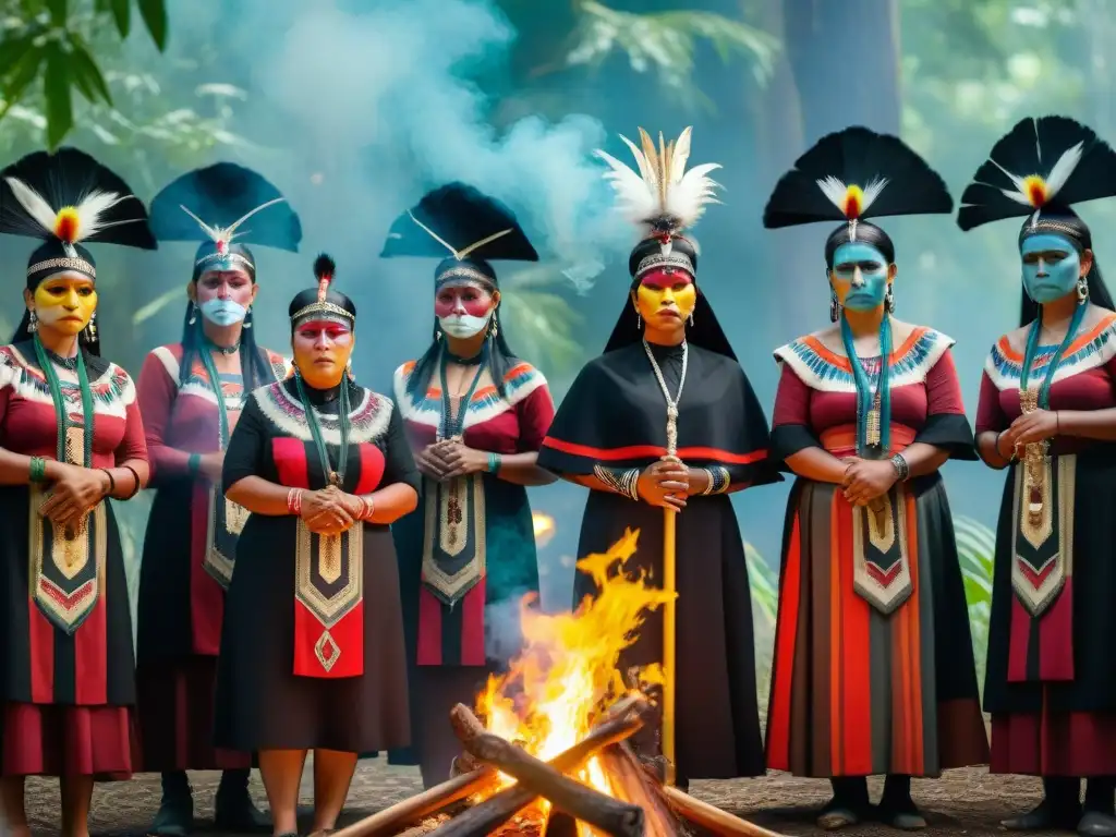 Un funeral indígena en América: Personas en atuendo tradicional rodean una colorida pira funeraria en medio de la selva