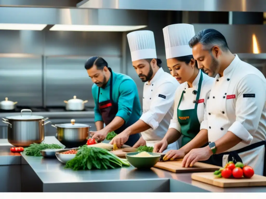 Una fusión armónica de chefs indígenas y no indígenas colaborando en una cocina moderna, reflejando la tendencia de colaboraciones chefs indígenas