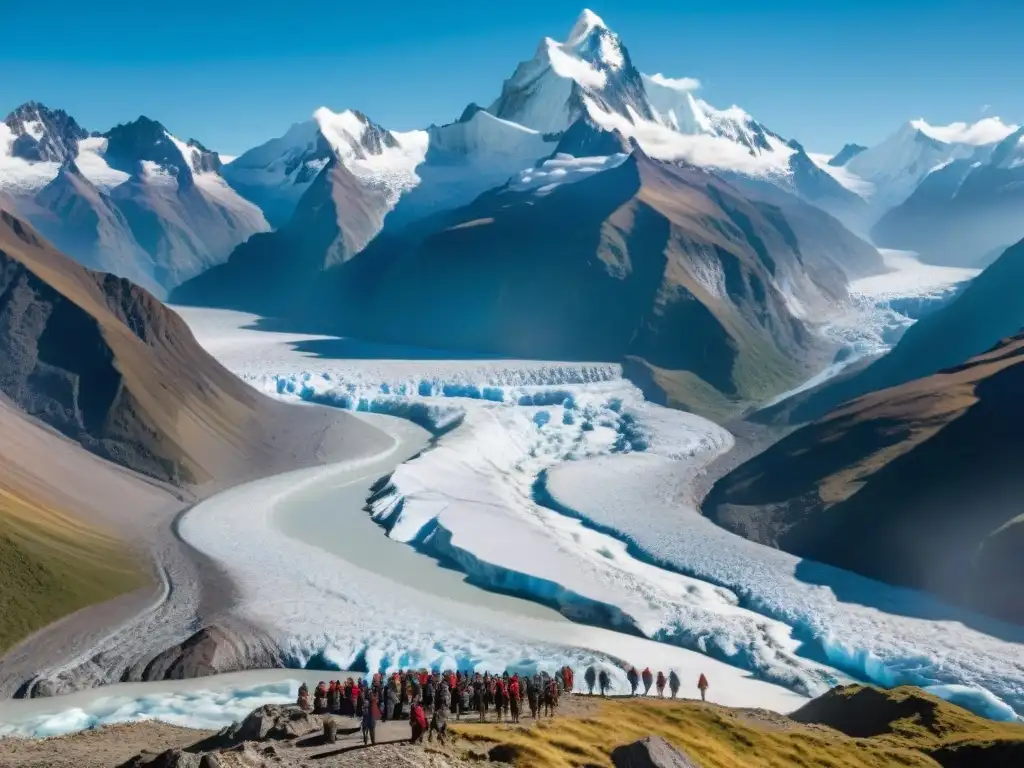 Glaciar andino reflejando luz solar, con comunidades locales observando impacto cambio climático glaciares andinos