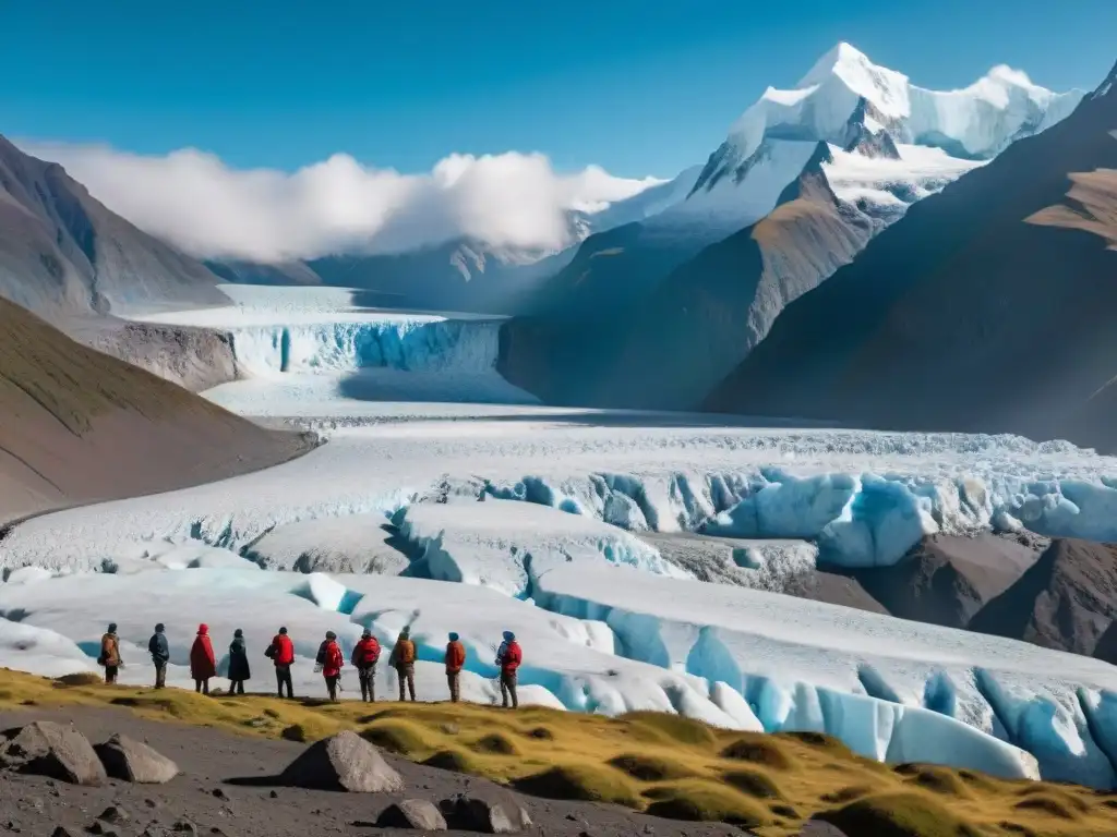 Un glaciar andino majestuoso brillando bajo el sol, con indígenas observando, reflejando el impacto del cambio climático en los glaciares andinos