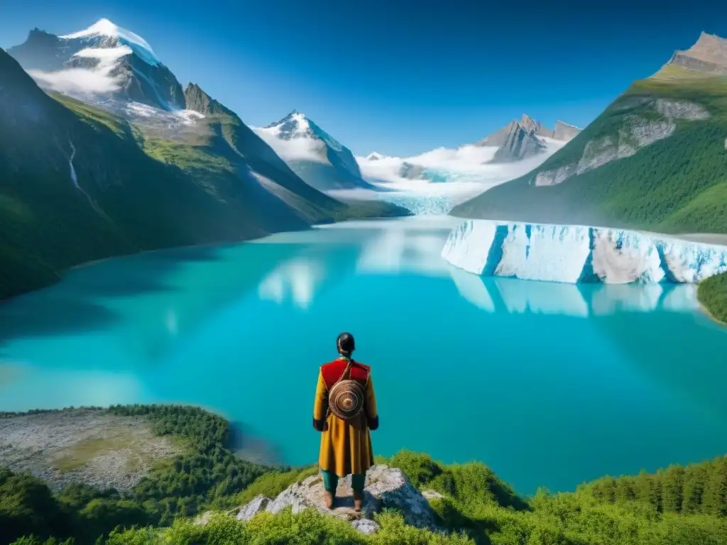 Glaciar se derrite en lago turquesa, rodeado de bosques verdes y montañas nevadas, con figura indígena observando impacto del cambio climático