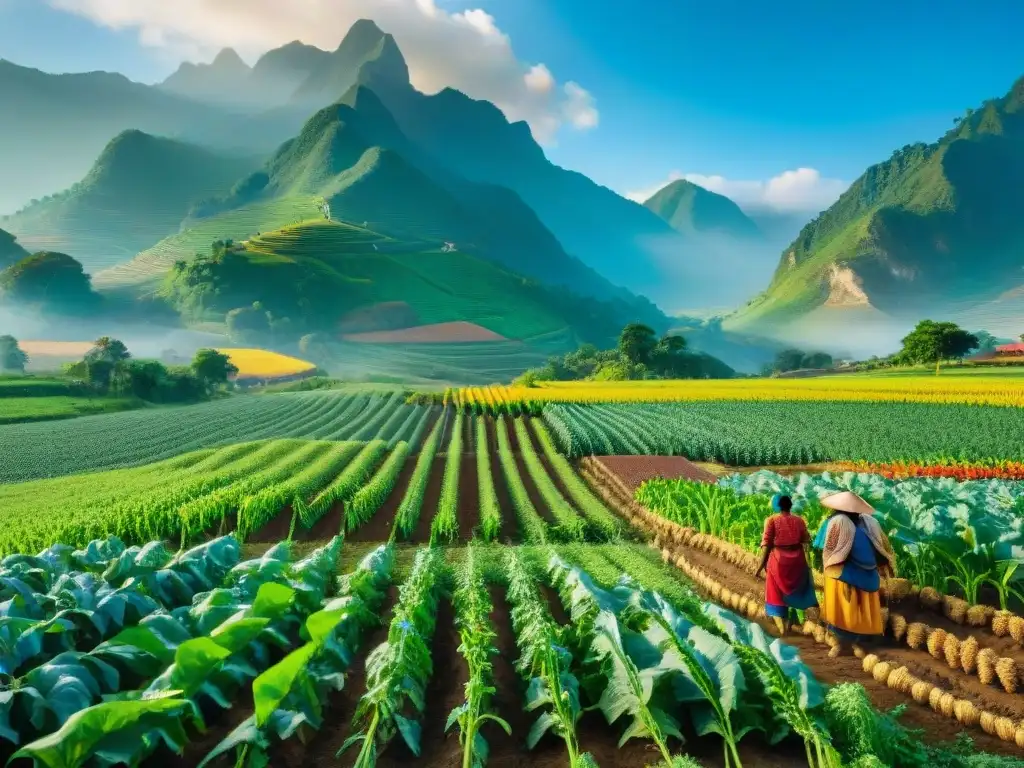 Una granja indígena verde exuberante con cultivos de maíz, frijoles y calabaza, mostrando prácticas agrícolas sostenibles indígenas