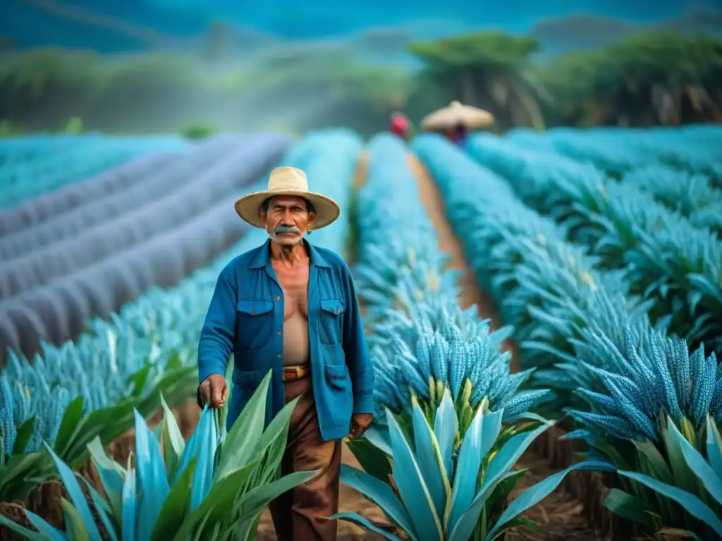 Un granjero maya en un campo de maíz azul, rodeado de mazorcas maduras