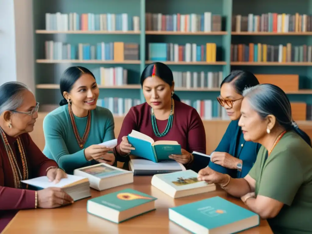 Un grupo de activistas de revivir idiomas indígenas con éxito, discuten animadamente alrededor de una mesa llena de recursos lingüísticos