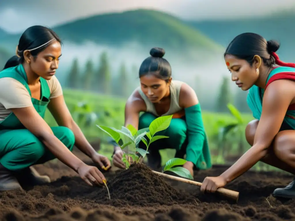 Un grupo de activistas indígenas plantando árboles en tierra deforestada: reforestación como forma de resistencia