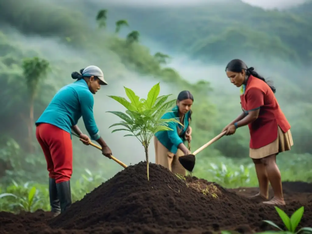 Grupo de activistas indígenas plantando árboles jóvenes en un bosque exuberante, mostrando su dedicación a la reforestación como forma de resistencia