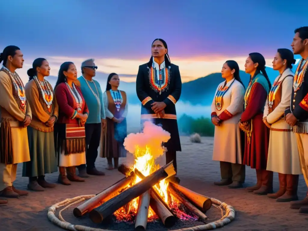 Un grupo de activistas indígenas cantando canciones de resistencia alrededor de una fogata, con sus rostros iluminados por las llamas