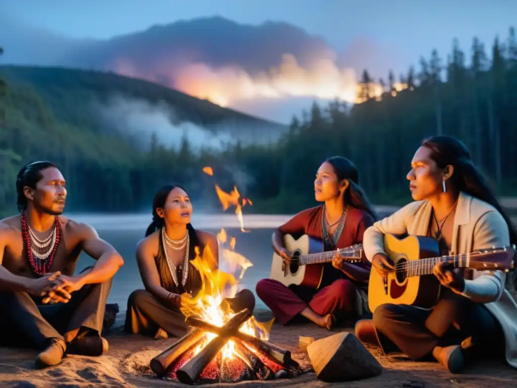 Un grupo de activistas indígenas canta canciones de resistencia alrededor de una fogata en la noche estrellada en el bosque