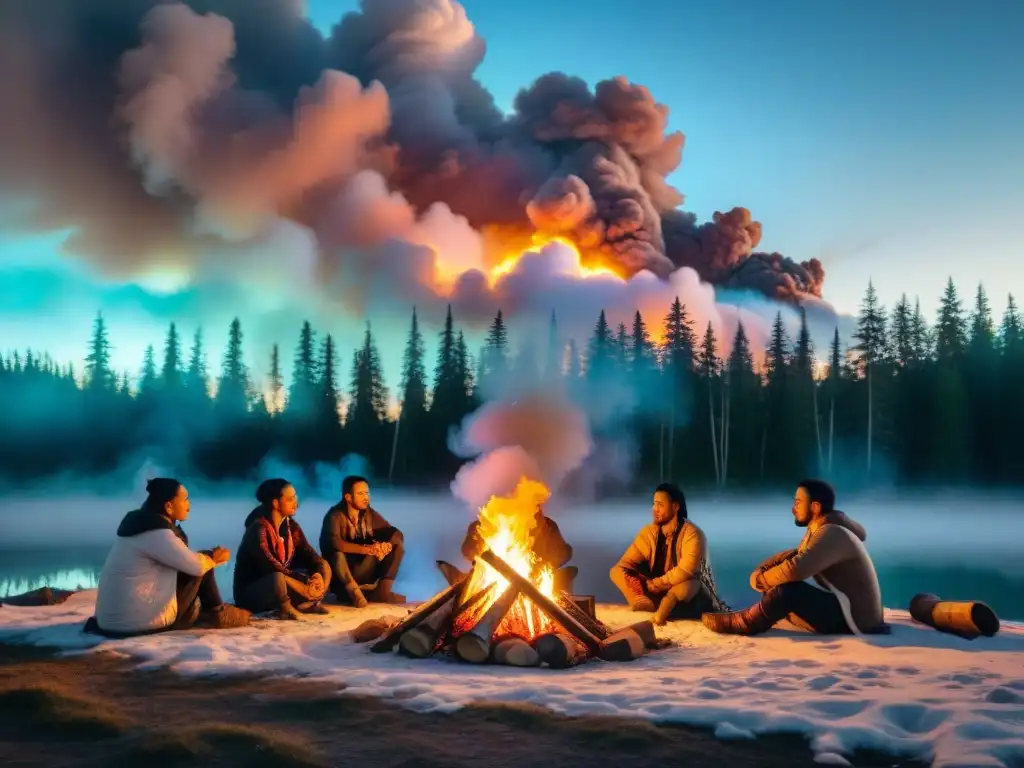 Un grupo de activistas indígenas se reúnen alrededor de una fogata en un bosque canadiense, escuchando música tradicional